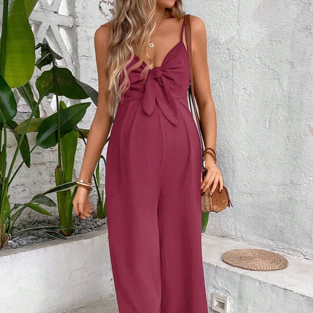Burgundy Casual Womens Maternity Knot Front Cami Jumpsuit - Picture 3 of 5